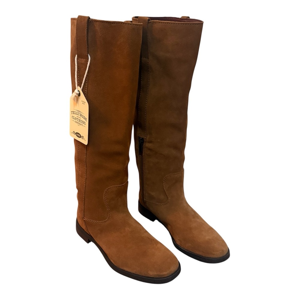 Telluride Clothing Company. women's knee-high suede boots in cognac western